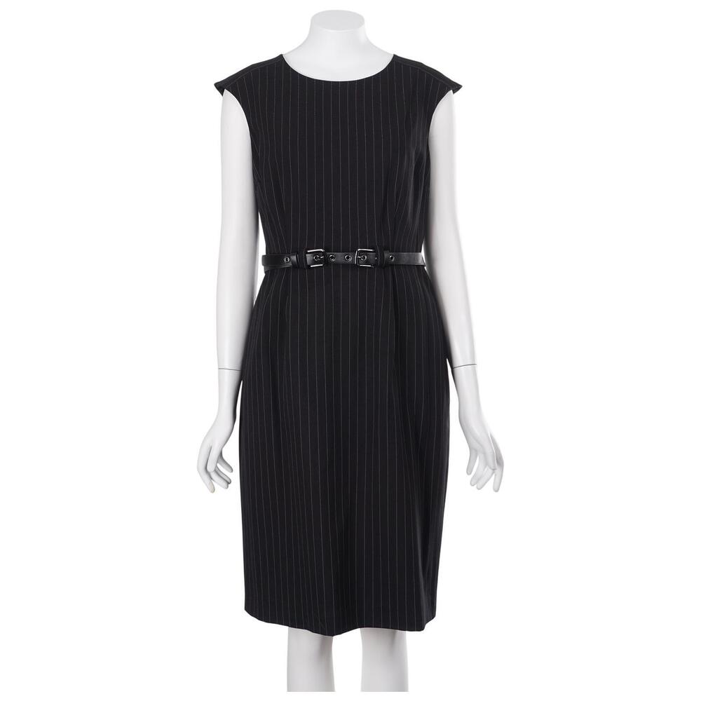 NWT Calvin Klein Dress Size 6 Black Pinstripe Sheath Belted Cap Sleeve Office